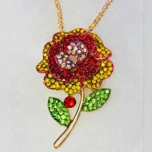 "FLOWER POWER!" PTRETTY RED RHINESTONE FLOWER NECKLACE/BROOCH NEW!